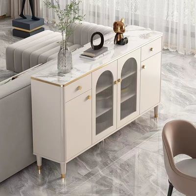 ตู้ไซด์บอร์ดหรูหราสีขาว Marble Facet ประตูกระจกโลหะแบบกำหนดเอง